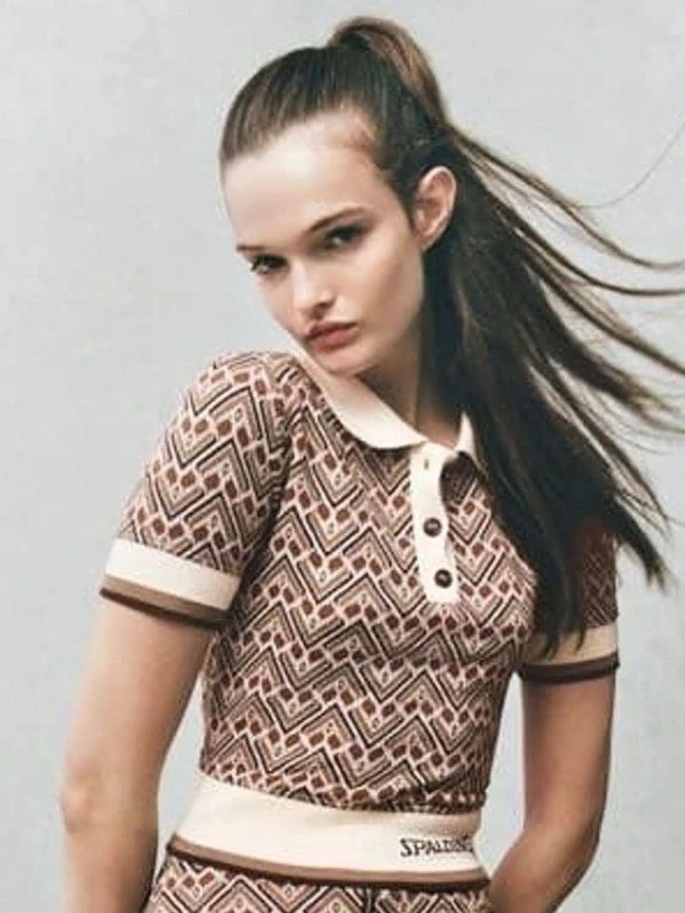 Zara x Spalding Geometric Polo Top in Brown & Cream